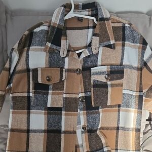 SHEIN Plaid Shirt in Black, White, and Tan